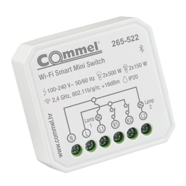 Commel WiFi mini prekidač dvostruki 2x5A, 2x150 W / 2x500 W, 100-240 V~, 2,4 GHz, 802.11b/g/n; + 16dBm, IP20