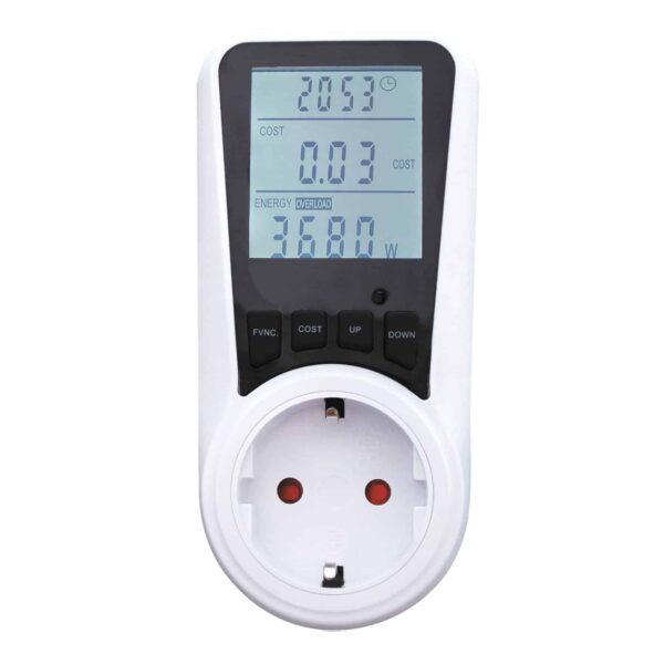 Commel Mjerač potrošnje električne energije, dvotarifni, veliki LCD display s pozadinskim osvjetljenjem, mjerenje snage priključenog uređaja, napona, frekvencije, struje,  faktora snage i izračun cijene utrošene energije. 16A 3680 W, 230 V~