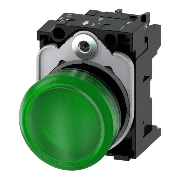 Indikator, svjetlosni, 22 mm, okrugli, plastični, zeleni, sa lećom, glatki, 230V AC