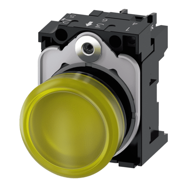 Indikator, svjetlosni, 22 mm, okrugli, plastični, žuti, sa lećom, glatki, 230V AC